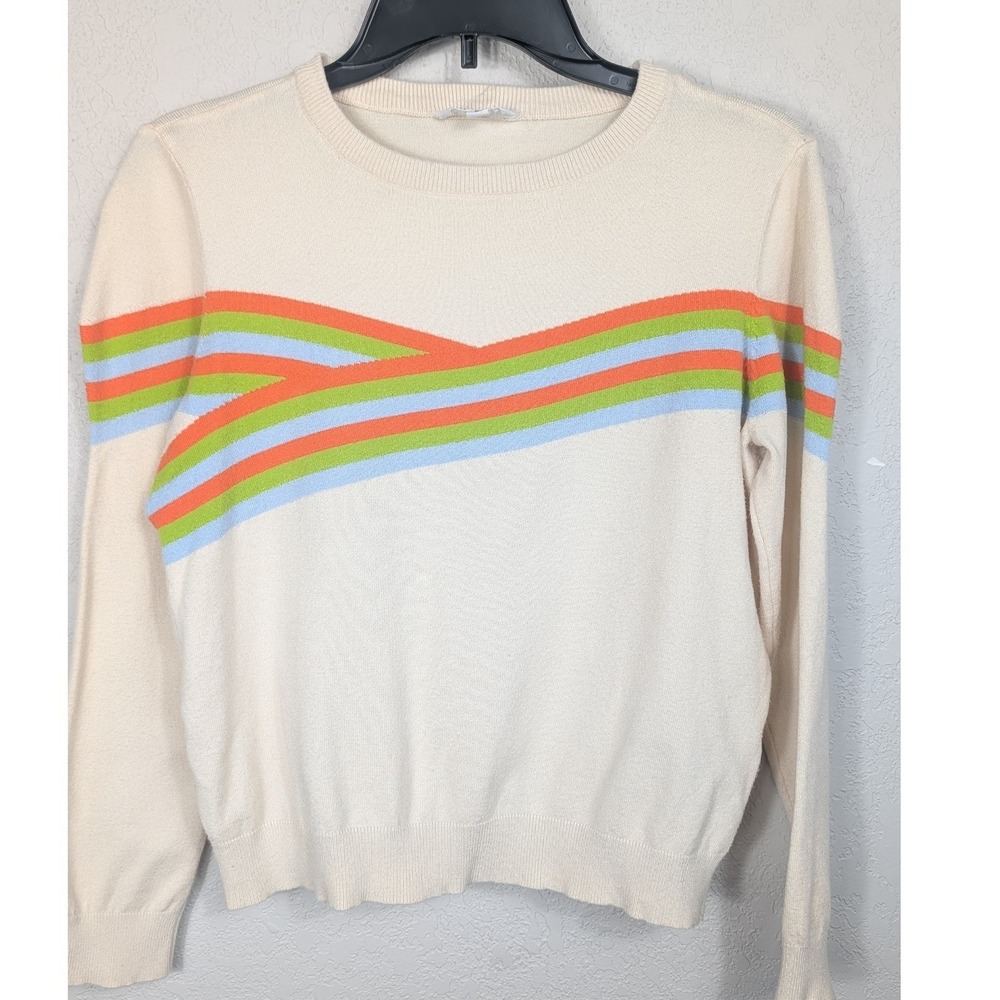 THML Pullover Sweater Womens Small Cream‎ Retro Striped Chevron Long Sleeve